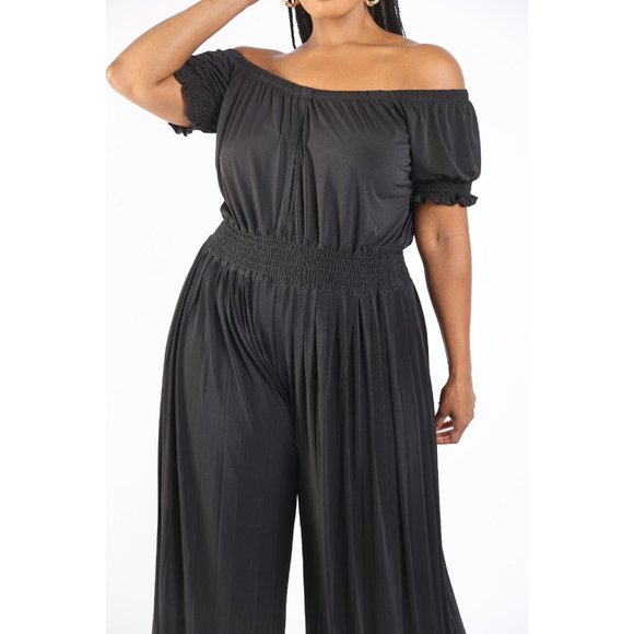 Women's Pleated off Shoulder Jumpsuit Plus Size 1X 2X 3X BLACK RED - Picture 2 of 11